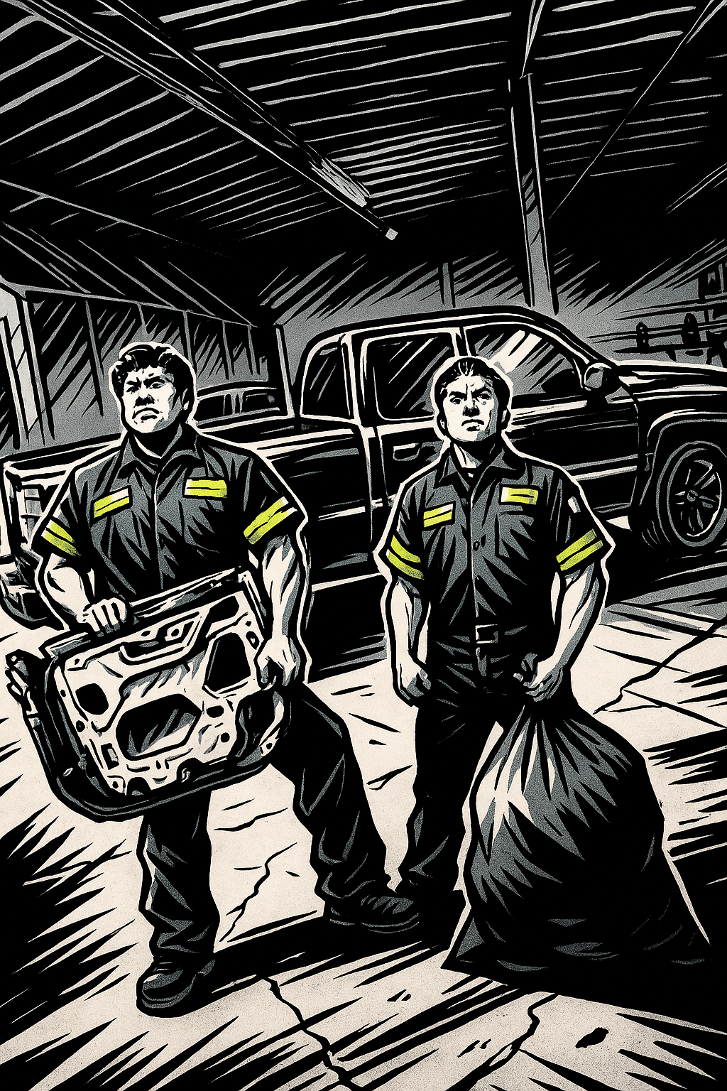 Artwork of junk hauling team